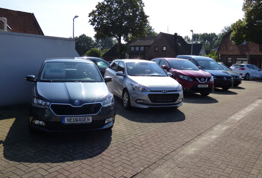 Reihe von Autos auf einem Parkplatz, vorne ein grauer Škoda.